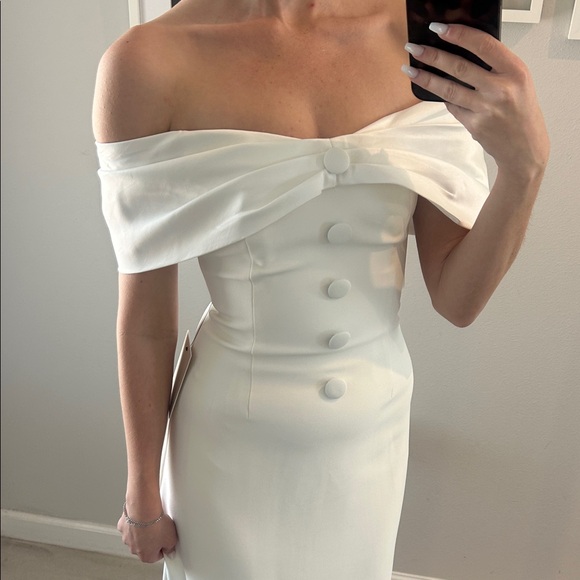 Bridal Off-Shoulder White Midi Dress - Picture 2 of 6